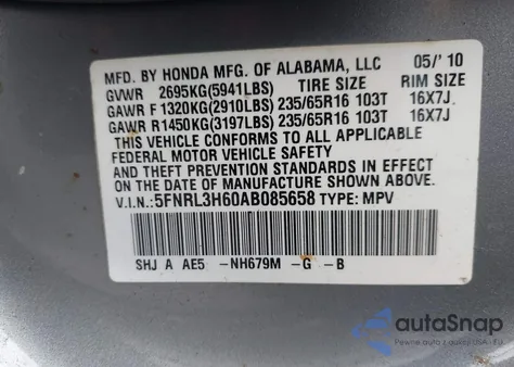 2010 Honda Odyssey Ex-L z USA, uszkodzony, nr VIN 5FNRL3H60AB085658